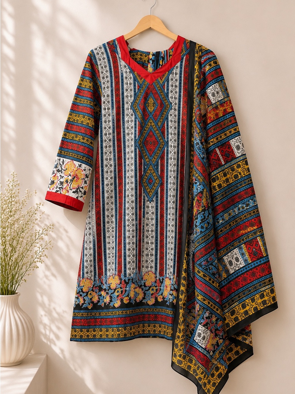 Colorful Pakistani Kurta & Dupatta Set | Red Blue Yellow Print
